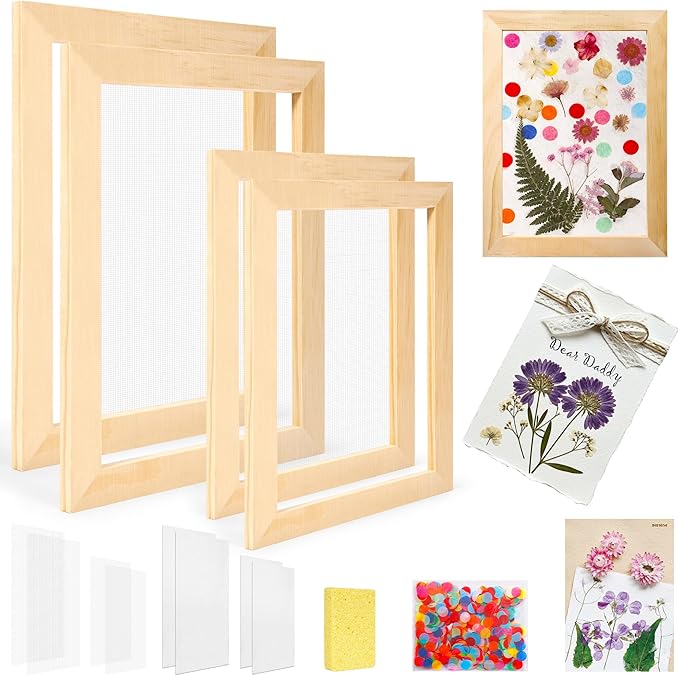 Aboofx Paper Making Kit, A5 & A6 Size Paper Making Screen Frame Kit, Wooden Mold and Deckle with Mesh, Absorbent Papers, Sponge and Confetti, DIY Handmade Papers Making Supplies Gift for Craft Lovers