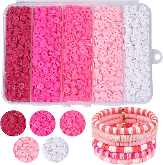 3500pcs Pink Clay Beads for Bracelets Making Kit, 6mm Heishi Polymer Flat Round Disc Clay Beads for Jewelry Making Pink