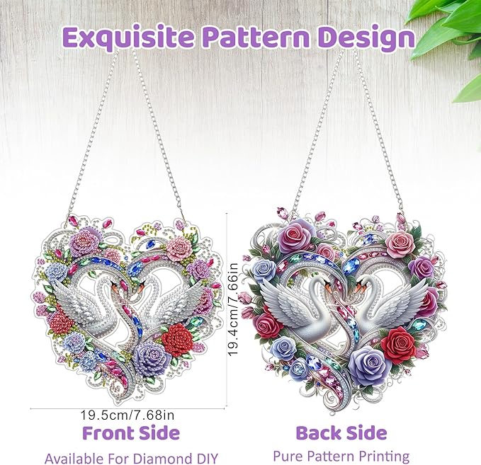MEIYUDA Valentine's Day Diamond Art Hanging Kits for Adult, Two Swans Diamond Painting Hanging Kits Ornaments, DIY Love Special Shaped Rhinestone Window Pendants kit for Home Garden Wall Decor Gift
