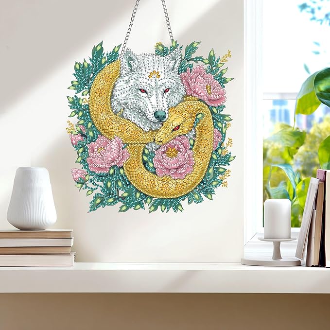 Wergund 5D DIY Wolf Diamond Art Hanging Kits, Hanging Diamond Art Flower, Acrylic Special Shaped Rhinestone, Window Hanging Pendants for Home Wall Garden Front Door Outdoor Decor Gift(Wolf)