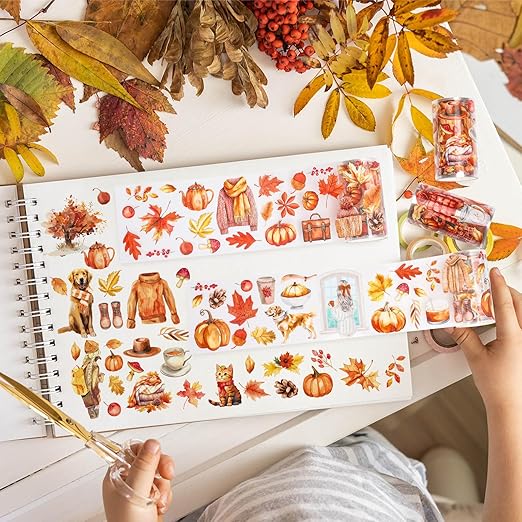 JarThenaAMCS 39.2 Ft Fall PET Washi Tape Autumn Orange Transparent Adhesive Masking Tape for Cut & Use as Thanksgiving People Stickers Scrapbook Journal DIY Crafts Wrapping,4 Rolls