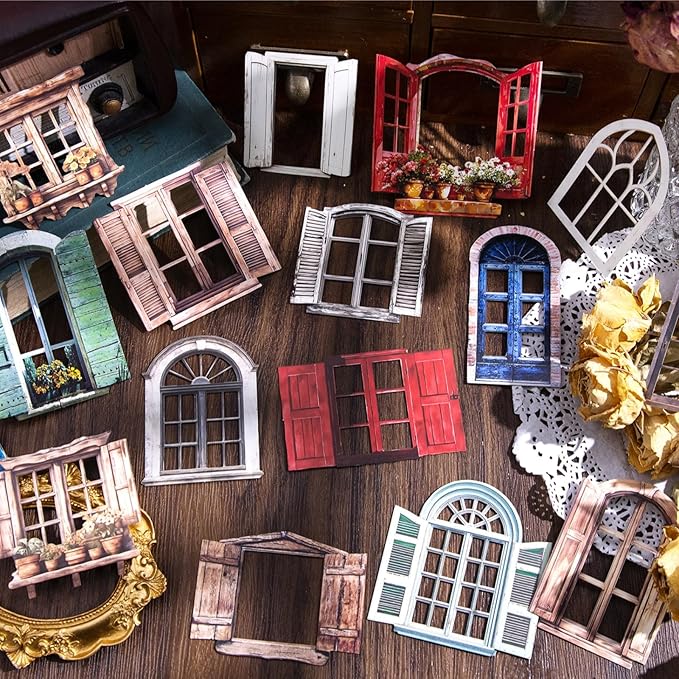 60 PCS Vintage Paper Window Frame Stickers, Aesthetic Decorative Window Cutouts Scrapbook Stickers for DIY Diary Junk Journal Handbook Album Decoration Label Sticker Journaling Scrapbooking Supplies