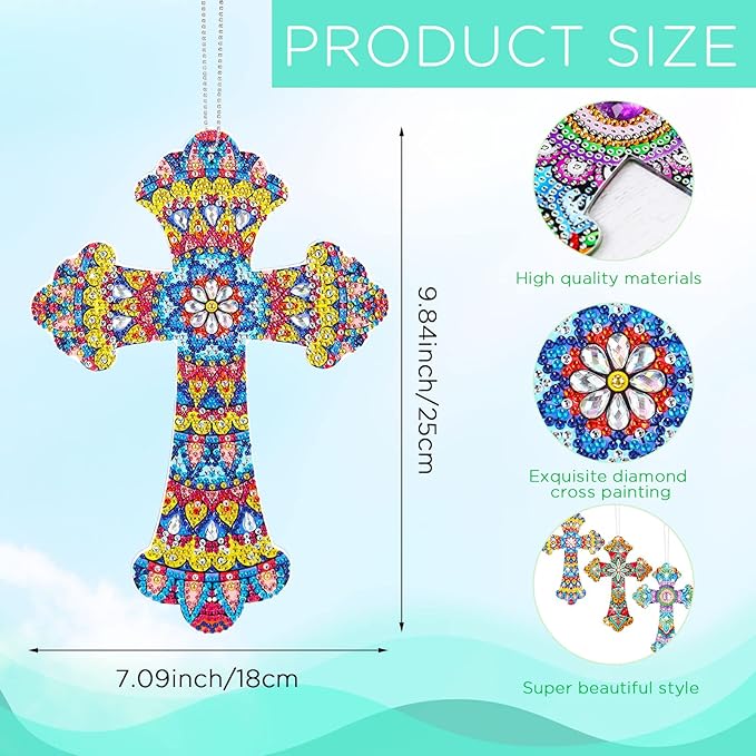 Faccito 3 Pcs Cross Diamond Art Painting Hanging Kit for Adult DIY 5d Crystal by Number Mandala Cross Rhinestone Pendant Acrylic Mosaic Wall Ornament Gift for Easter Religious Christians Woman