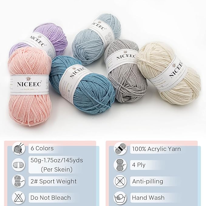 NICEEC 300g Soft Assorted Colors Yarn - Sport Weight,100% Acrylic, 4 Ply, Bonbons Yarn for Crochet & Knit, DIY Project Starter Kit for Kids or Adults(Total 870yds) - Series 9
