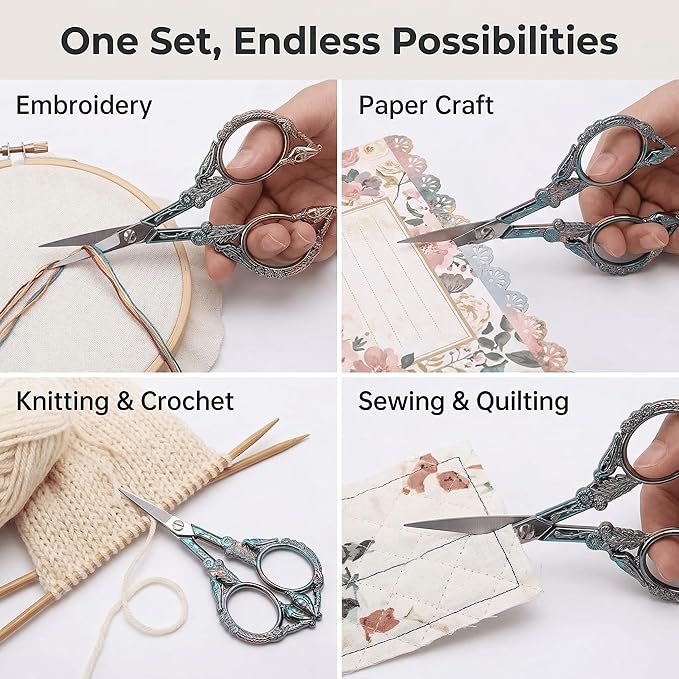 Crochet Scissors with Cover 2 Pack – Vintage Small Embroidery Scissors Set, Sharp Craft Scissors for Yarn Thread Sewing Needlework, Rainbow & Green Bronze Bird Gift for Crocheter, 4.6 Inch