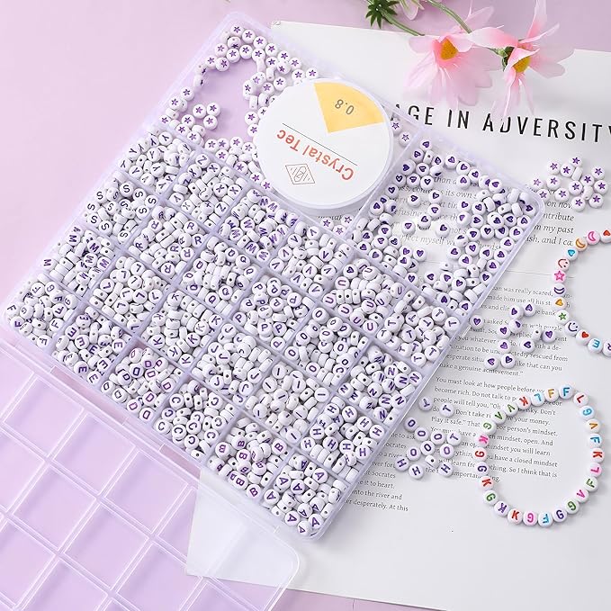 nikkiGuo 1250pcs 4x7mm White Round Acrylic Alphabet Beads A-Z Heart Beads with Numbers Crystal Line for Jewelry Bracelet, Necklace and Key Chains (Purple White Color)