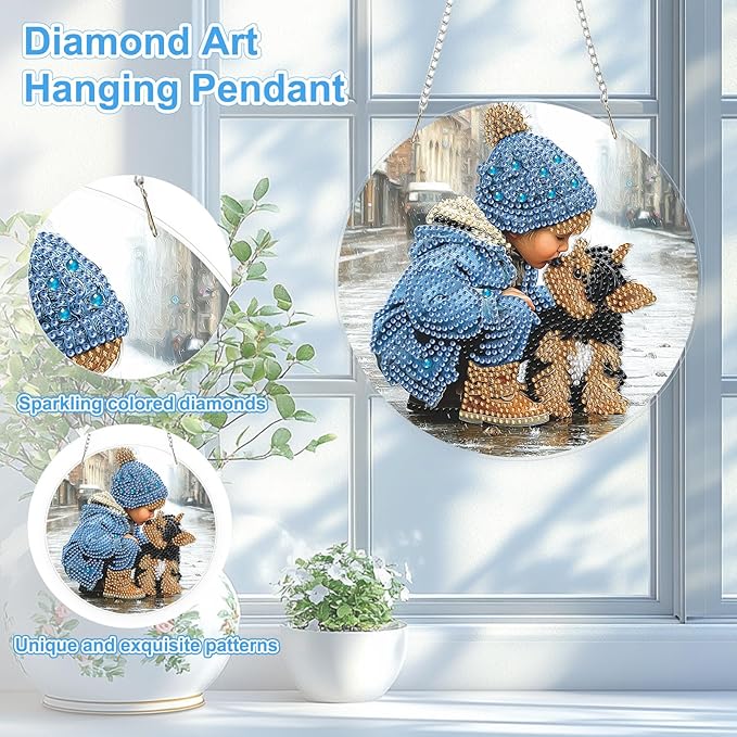 TOSTOG Diamond Art Hanging Kits for Adults, Dog and Boy Diamond Painting for Adults Window Pendant, Special Shape Diamonds Diamond Painting Hanging Pendant Kit for Wall Home Decor Gift Animal Dog