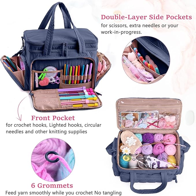 MYBAGZING Large Knitting & Crochet Bag Organizer for Yarn Storage, Double-Layer Knitting Project Bag with 6 Grommets, Yarn Organizer Tote for Knitting Supplies Crochet Hooks & Accessories Gift for Mom
