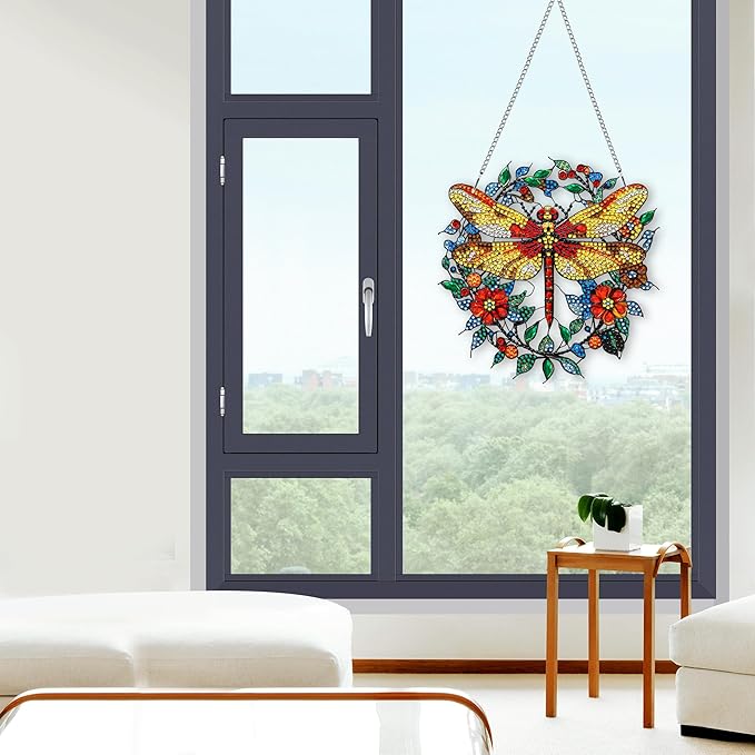 Hanging Diamond Art Kits for Adults Dragonfly Animal – 8x8 Inch Double-Sided Acrylic Board DIY Crystal Diamond Suncatcher Pendant, Sparkling Home Wall or Window Decoration Handmade Gift