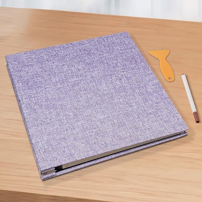 Large Photo Album Scrapbook – Holds 4x6, 8x10 Pictures – Self-Adhesive Pages for Baby, Wedding, Travel & Family Memories | Includes Metallic Pen & Scraper/Light Purple Large DIY Memory Book for Gifts