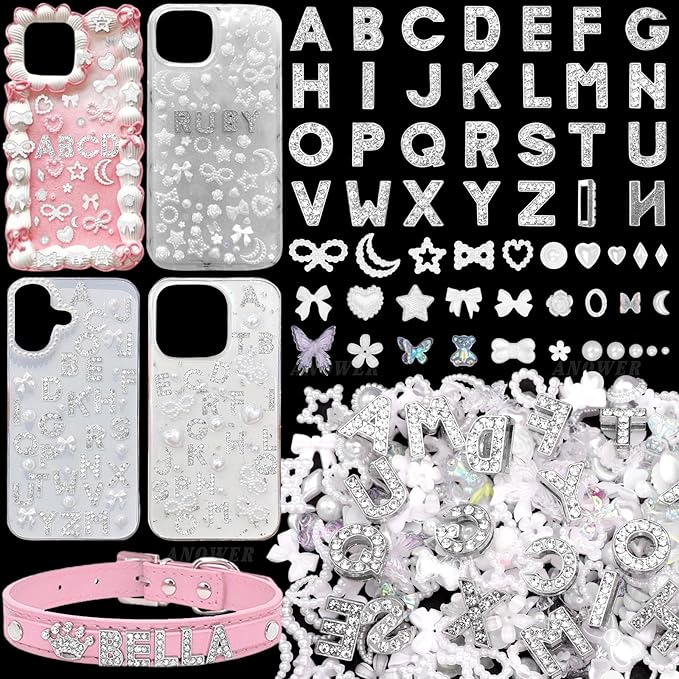 330 Pcs Junk Phone Case Charms 26 Pcs A-Z Rhinestone Alphabet Letter Charm, Mix White Flower Bow Heart Pearls Flatback Resin Charms Letter Junk Cases Kit for DIY Crafts