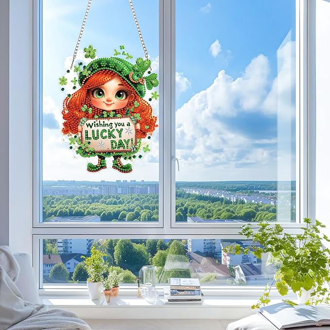 KEYIFA St. Patrick's Day Diamond Painting Kit, DIY Lucky Girl Diamond Art for Adults, Diamonds Pendant Special Shaped Rhinestone Window Hanging Ornaments Home Garden Wall Door Decoration, 20cm Width