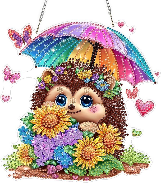 QENSPE Diamond Painting Art Hanging Kits for Adults, 5D Cute Hedgehog Special Shape Diamond Paingting Ornaments with Chain, DIY Sunflower Crystal Window Pendants for Home Wall Decor Gifts 8X8 inch