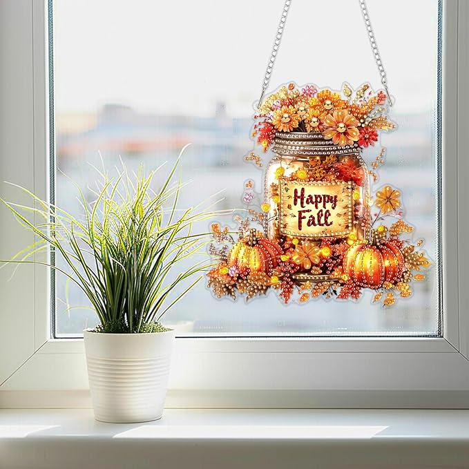 SENQAO Halloween Diamond Art Hanging Kits for Adults Beginners, DIY Acrylic 5D Special Shaped Crystal Diamond Gem Art Painting Hanging Ornament for Home Wall Decor and Gift（Happy Fall Vase Pumpkin）