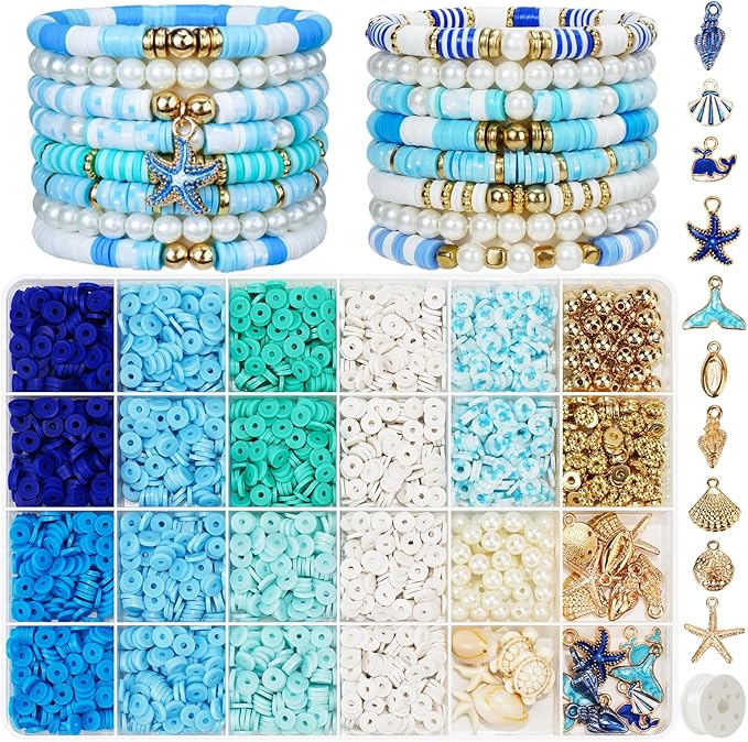 Gionlion Clay Beads for Bracelets, Blue Winter Clay Beads Bracelet Making kit with Golden Pearl Beads for Jewelry Making, Charms Bracelet Kit and Crafts DIY Valentines Day Gifts for Her Women