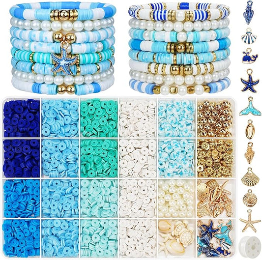 Gionlion Clay Beads for Bracelets, Blue Winter Clay Beads Bracelet Making kit with Golden Pearl Beads for Jewelry Making, Charms Bracelet Kit and Crafts DIY Valentines Day Gifts for Her Women
