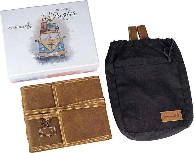 Wanderings Brown Leather Watercolor Journal - 8x10 - Genuine Leather Art Journal with Handmade Deckle Edge Paper - 350 GSM Cold Press Paper - Scrapbook, Watercolor Album, Sketchbook, Drawing Pad