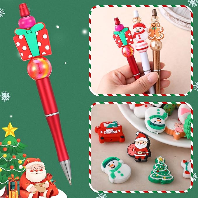 VioraWhite 48 Pcs Christmas Silicone Focal Beads for Beaded Pens Christmas Silicone Beads Charm Keychain Lanyard Kit for Beadable Items Keychains Bracelet Necklace DIY Jewelry Making