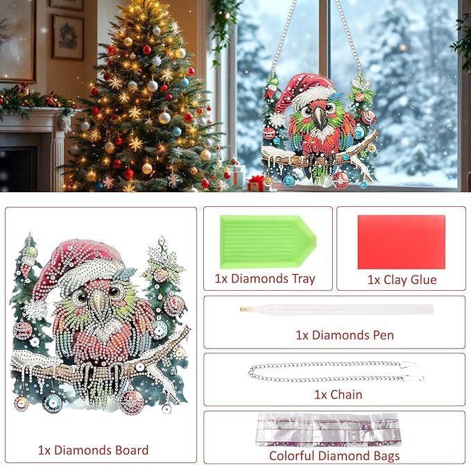 SENQAO Christmas Diamond Art Hanging Kits for Adults Kids, Parrot Diamond Art Suncatchers, 5D Special Shape Diamond Painting Pendant Window Ornament Gifts for Home Door Wall Decor