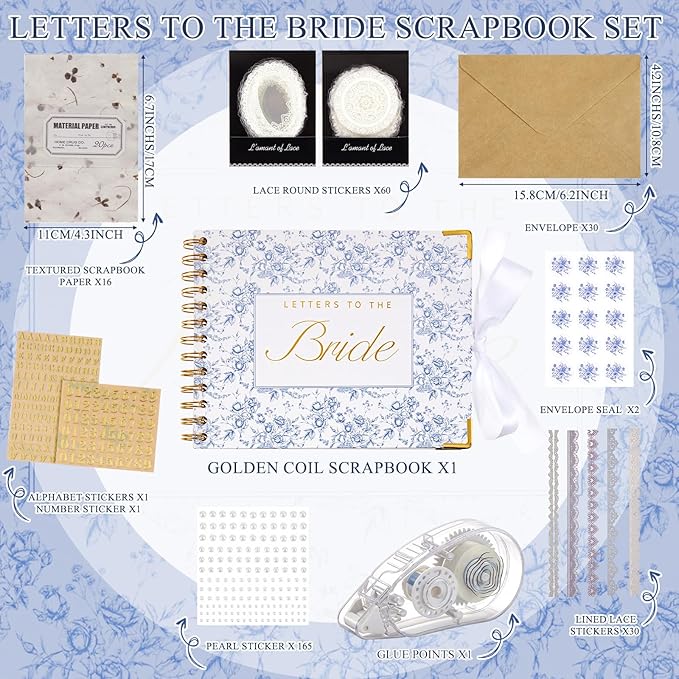 Wedding Guest Book Letters to The Bride Scrapbook Wedding Memory Book Bridal DIY Blank Paper Scrapbook Photo Album Guest Sign with Pearl Stickers(8.5 x 7 Inch,Floral,Blue)