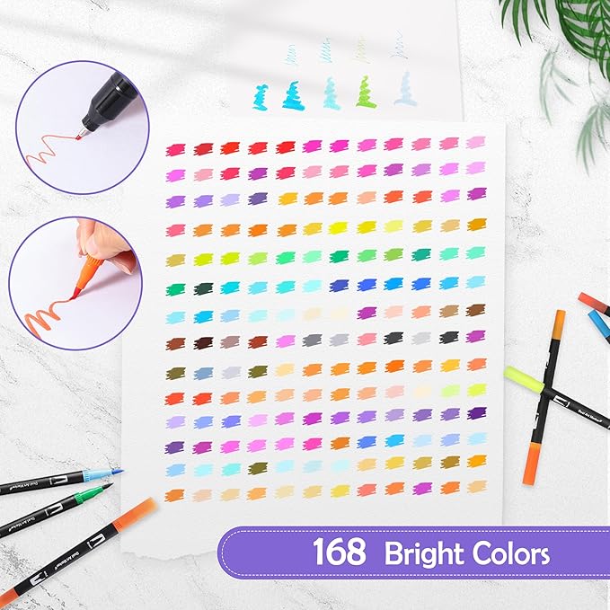 168 Colors Brush & Fine Dual Tip Watercolor Markers Set Coloring Books No Bleeding Paint Pens For Drawing Note taking Planner Calligraphy Journaling Card Making Art Supplies
