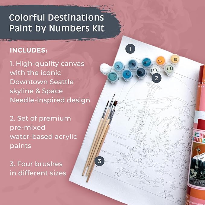 Pink Picasso Kits Colorful Destinations Paint by Number for Adults and Teens | DIY Unique Canvas Painting Kits Color by Numbers Arts & Crafts Kit | Space Out in Seattle 8x10 - Paint Kit Set