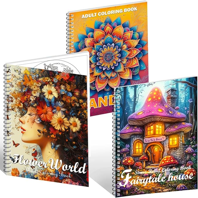 Aannanl Adult Coloring Book 3 Pcs Coloring Books for Adults Relaxation Mandalas,Flowers and Fairytale House Theme Spiral Bound Coloring Book for Women to Stress Relief (Artistic Aesthetics)