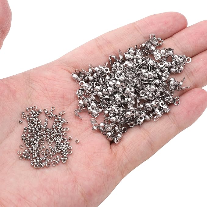 304 Stainless Steel Crimp Beads 2.0mm and End Caps 3.2x6.3mm Set 200pcs for Jewelry DIY Making and Repairing