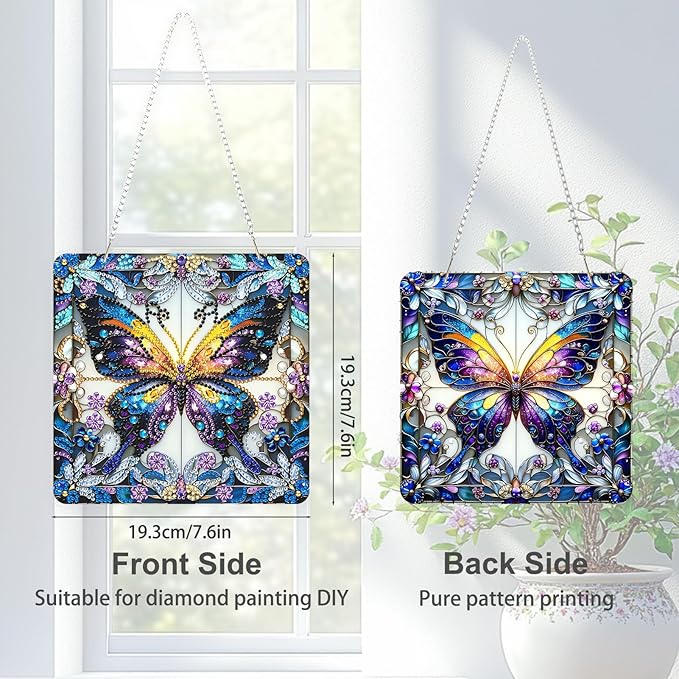 TOSTOG Diamond Art Hanging Kits for Adults, 5D Diamond Painting for Adults Square Window Pendant, Special Shape Diamonds DIY Butterfly Diamond Painting Hanging Pendant Kit for Wall Decor Gift