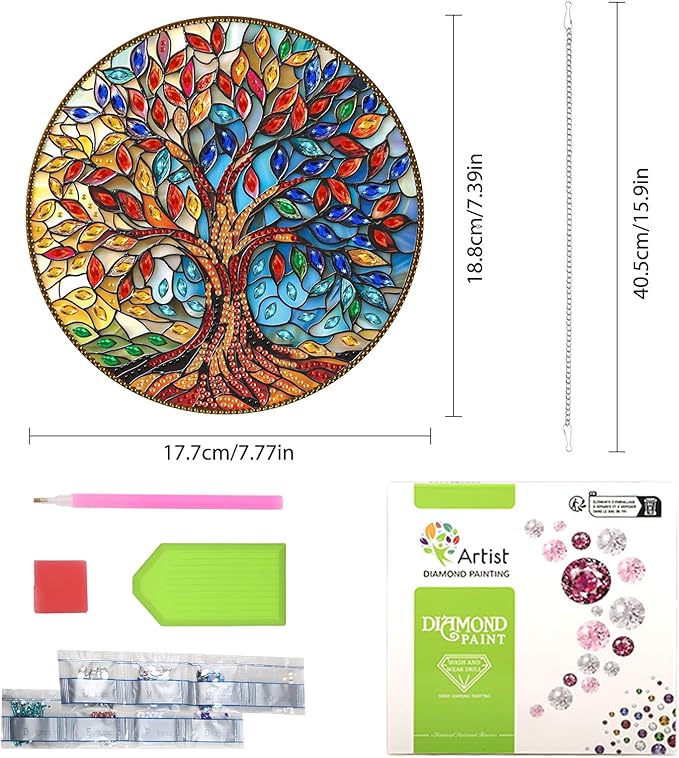 Lxmsja DIY Stained Glass Tree of Life Diamond Painting Hanging Ornament, Double-Sided Acrylic Colorful Leaves Diamond Art Kit, Special Shaped Suncatcher Hanging Pendant Window Art Kit
