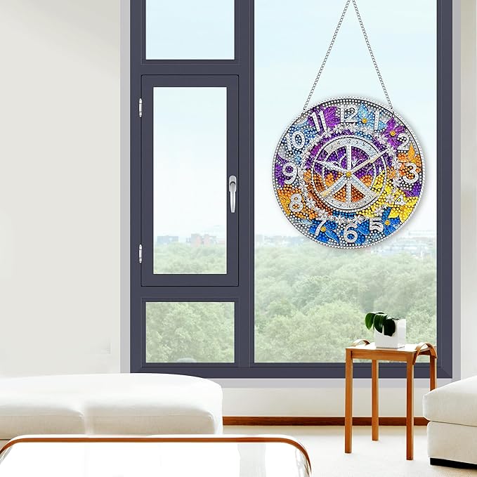 Hanging Diamond Art Kits for Adults Clock – 8x8 Inch Double-Sided Acrylic Board DIY Crystal Diamond Suncatcher Pendant, Sparkling Home Wall or Window Decoration Handmade Gift