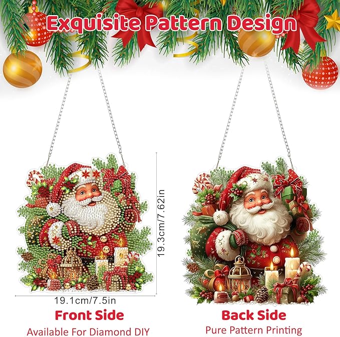MEIYUDA Christmas Diamond Painting Hanging Kits, DIY Santa Claus Diamond Art Window Hanging Ornament for Adults, 5D Special Shape Rhinestone Pendant for Home Garden Wall Decor Gift