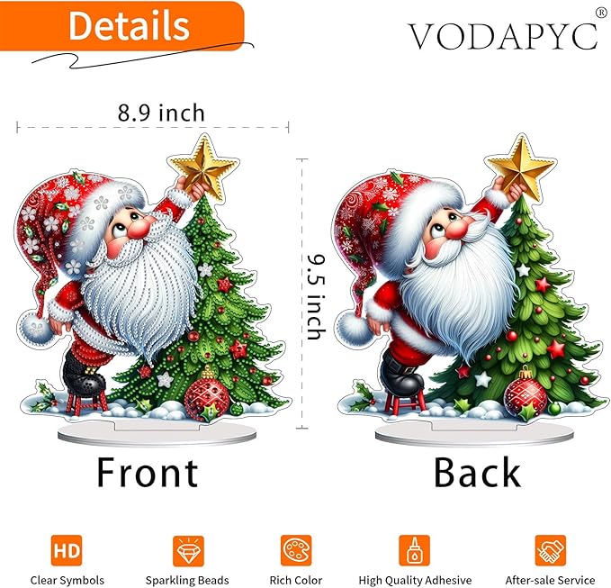 VODAPYC Christmas Gnome Diamond Art Tabletop, DIY Stand Up Double Sided Special Shaped Diamond Art Desktop Ornaments for Home Decor(Santa Christmas Tree)