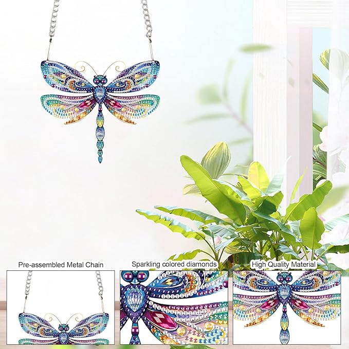 AiYuanzsh Animal Dragonfly Diamond Painting Kit Ornament with Hanging Chain DIY Diamond Art Acrylic Crystal Hanging Pendant Paint by Number Stained Glass Wall Art for Adults Home Wall Decor Gift