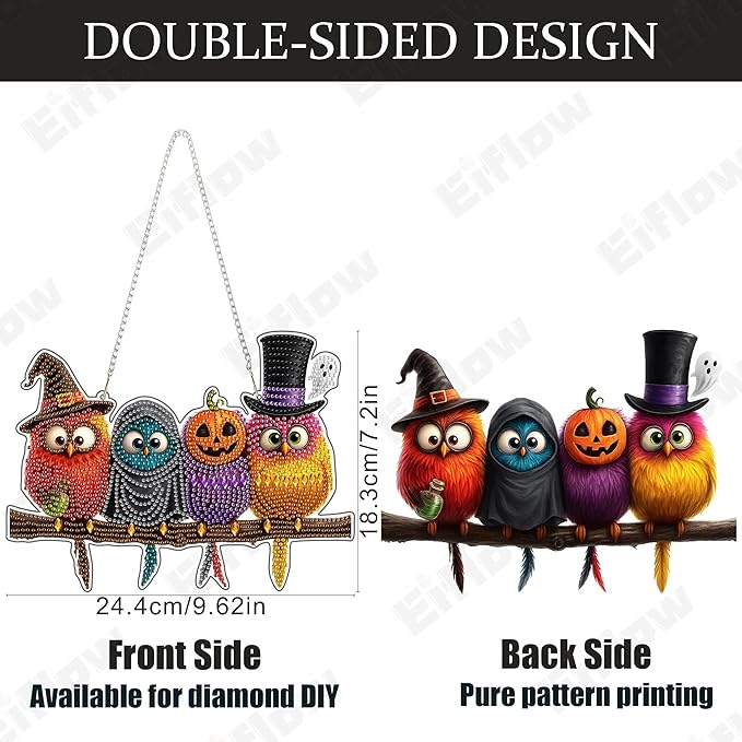 Eiflow Acrylic Diamond Art Hanging Kit for Adults Halloween Bird, DIY Diamonds Painting Door Hanger Board Kit, Special Crystal Diamond Art Painting Pendant Ornament