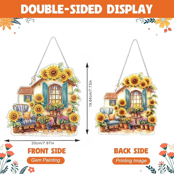 NAIMOER Diamond Art Hanging Kits for Adults, Sunflower House Diamond Art Suncatchers, 5D Special Shape Fall Diamond Painting Pendant Window Ornament Gifts for Home Garden Door Wall Decor