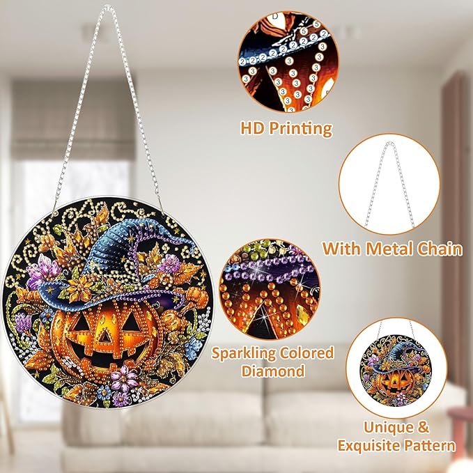 SENQAO Scary Pumpkin Diamond Art Hanging Kits for Adults, Acrylic Diamonds Painting Pendant Board Kit Halloween, Diamond Art Painting Window Pendants Home Garden Wall Hanging Kits Hanging Ornament