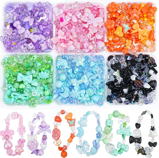 400-450PCS Acrylic Beads for Bracelet Making, Assorted 6 Colors Cute Beads, Flower Bow Candy Bear Kawaii Bracelet Charms for Jewelry Making, Necklace Keychains Phone Charms DIY Crafts Gifts