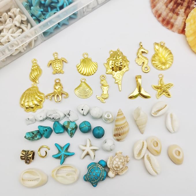 Julie Wang 422PCS Gold Tone Alloy Pendants Seashells Man-made Turquoise Beads Starfish Turtle Ocean Charms for Jewelry Making Summer Beach Bead Necklace Bracelet DIY Accessory