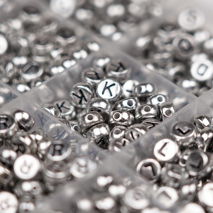 Melius Acrylic Silver Letter Beads, 1450 Pcs 4x7mm Round Alphabet Beads in 28 Grid Box for Jewelry Making, DIY Bracelets, Necklaces, Key Chains, Bracelets