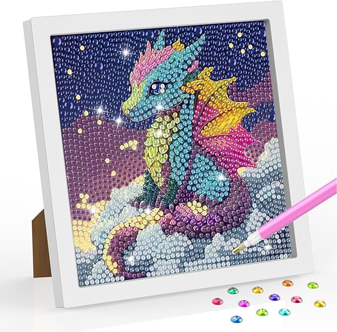 SENQAO Dragon Diamond Art Kit for Adults with Frame Art and Crafts for Adults Ages 4-6-8-12 Easy to DIY Diamond Art for Adults and Adult Beginners Home Wall Decoration 7.1x7.1inch