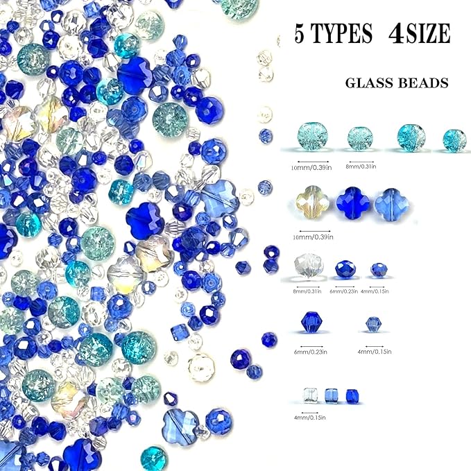 1000Pcs Glass Beads for Jewelry Making Crystal Beads for Bracelet Craft Necklace Earring Making Assorted Color 5 Style/Crackle Round/Briolette Faceted/Bicone/Cube/Four-Leaf Clover / 4 Size