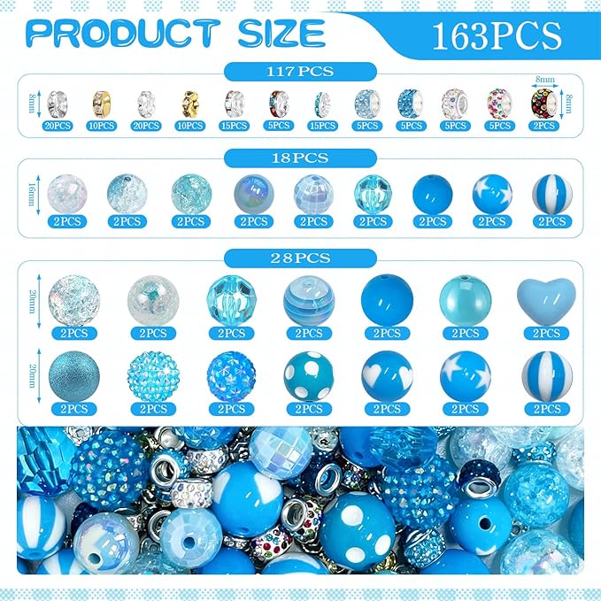 163 Pcs Pen Beads for Beadable Pens: Bubblegum Beads for Pen Making Bulk with Spacer Bead Rhinestone Bead (Blue)