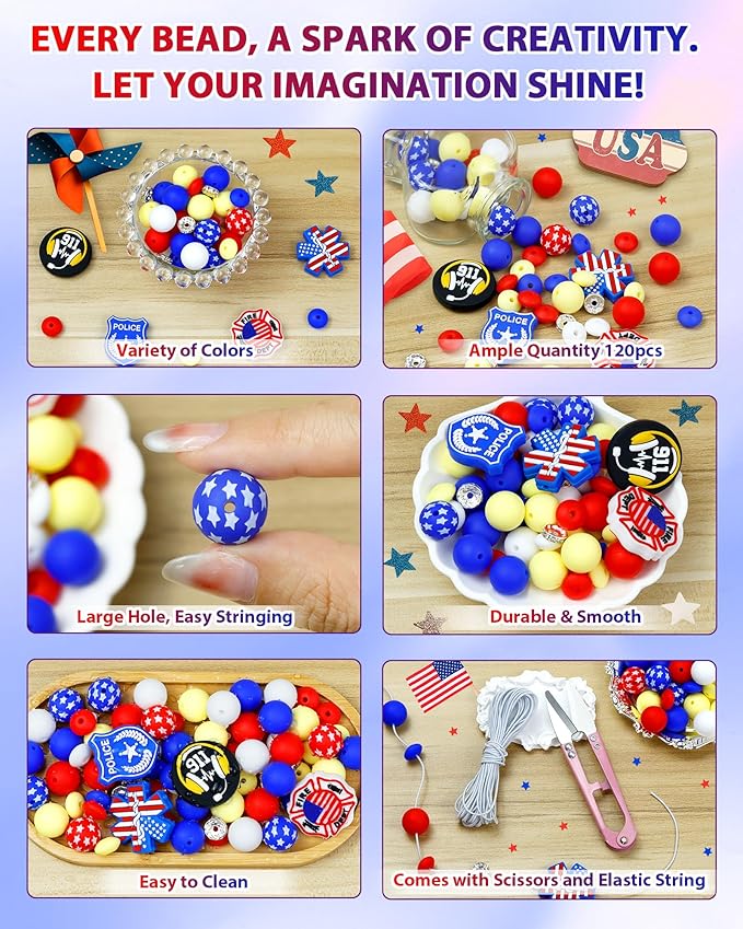 120PCS FIVEIZERO Silicone Focal Beads for Keychain Making, Characters Badge, 15mm Round 12mm Lentil & 10mm Rhinestone Beads for Pens, Bracelets & Crafts with Elastic Cord & Scissors