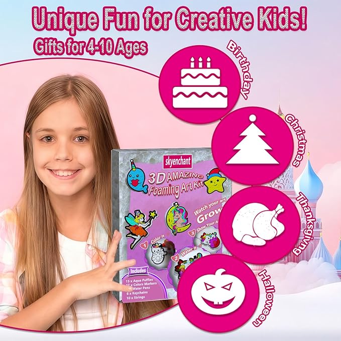 skyenchant 3d foam painting kit for kids, diy aqua puffing art to inflate, creative gift for girls & boys ages 4-10, christmas birthday travel present（princesses & unicorns）