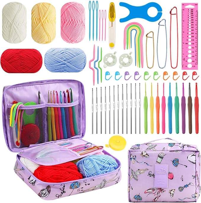 HATINXIA 58pcs Crochet Kit Beginners, Crochet Hook Set with Yarn, Portable Crocheting Kit for Starter, Ergonomic Crochet Needles Tools DIY Knitting Accessories for Experienced Crochet Lovers, Swan