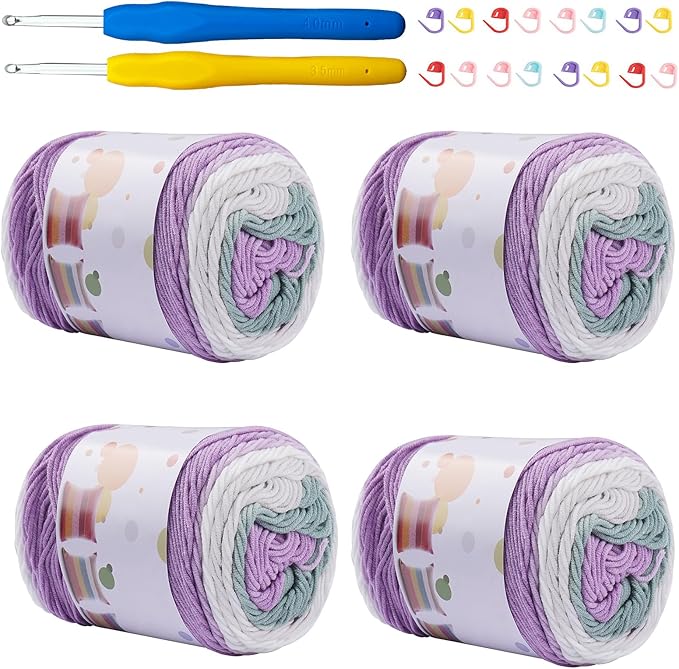 Ombre Cake Yarn for Crocheting 4PCS Gradient Yarn Cake-4x100g 45% Cotton 55% Acrylic Rainbow Cotton Yarn for Knitting,Shawls,Blankets,Scarves,Garments(Purple)