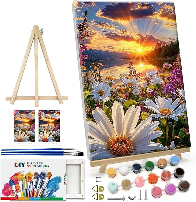 ATDMS Paint by Numbers Kit for Adults with Frame Landscape Paint by Number with Easel DIY Flowers Adult Paint by Number Kits Sunset Paint by Numbers Kit on Canvas for Gift Home Wall Decor 8x12 Inch