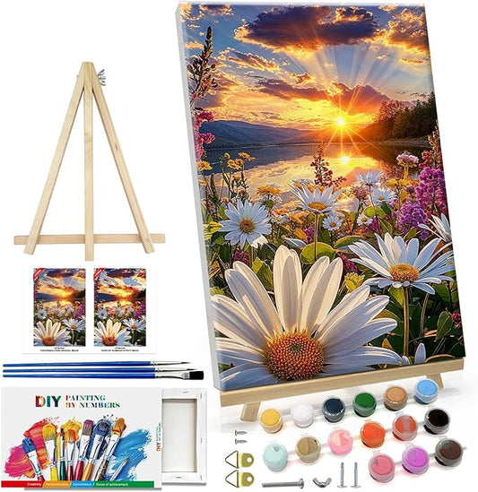ATDMS Paint by Numbers Kit for Adults with Frame Landscape Paint by Number with Easel DIY Flowers Adult Paint by Number Kits Sunset Paint by Numbers Kit on Canvas for Gift Home Wall Decor 8x12 Inch