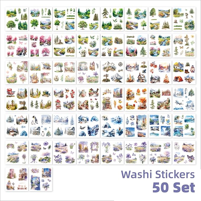 Colorful Landscape Theme Sticker Scrapbooking Supplies for Junk Journal, 50 Sheets Washi Stickers - Vintage Journaling Stickers, Ephemera Sticker Book Pre Cut(TZ-005-006)
